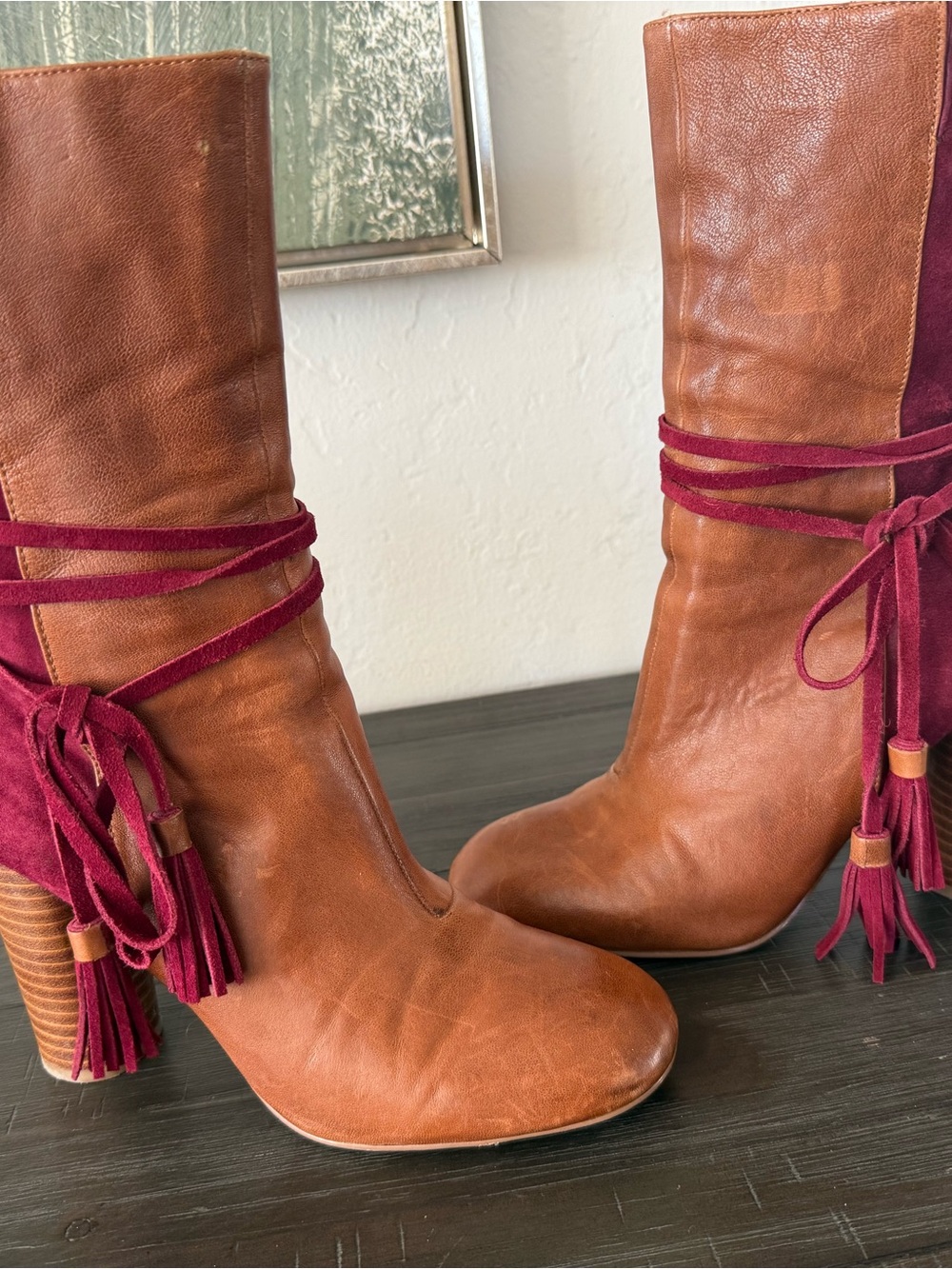 Matitiko miranda Women’s Brown Leather Mid-Calf Boots with Burgundy Tassel Wrap